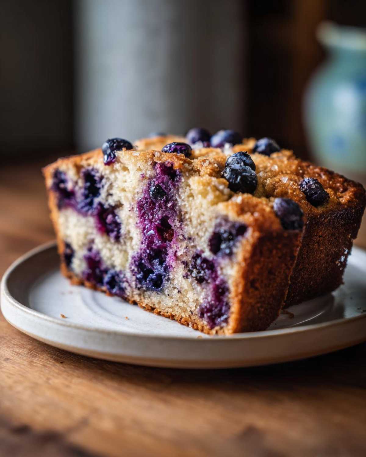 Close-up of a thick slice of moist blueberry bread, studded with bursting blueberries, served on a small plate.