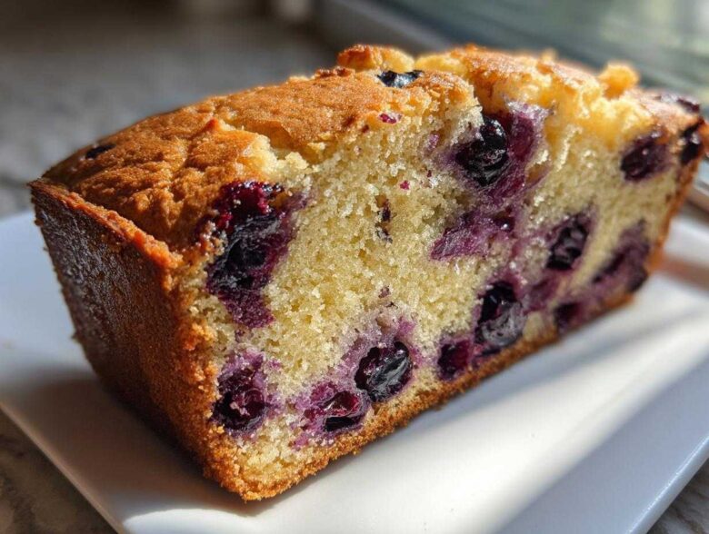 Close-up cross-section of a moist slice of golden blueberry bread packed with dark purple blueberries.