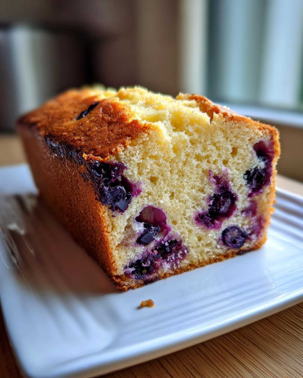Close-up of a moist slice of homemade blueberry bread showing the golden crust and juicy berries.