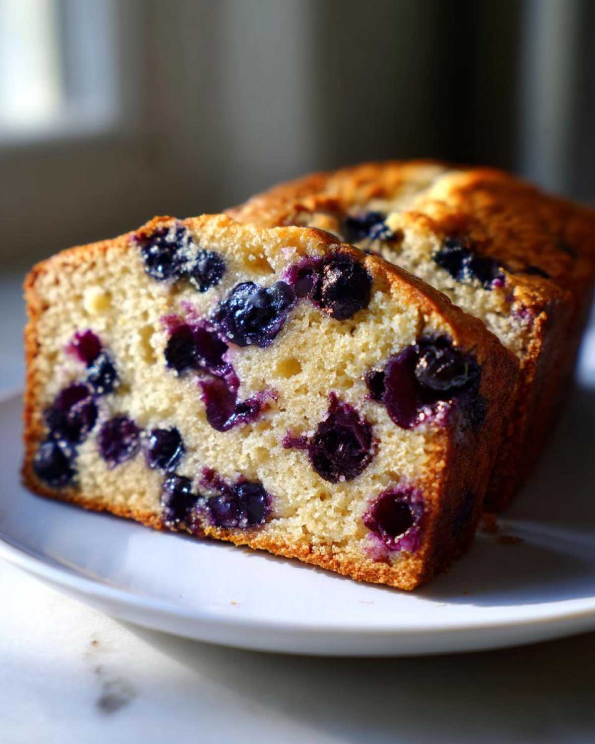 Two thick slices of moist blueberry bread showing plump blueberries baked into the golden crumb, served on a white plate.