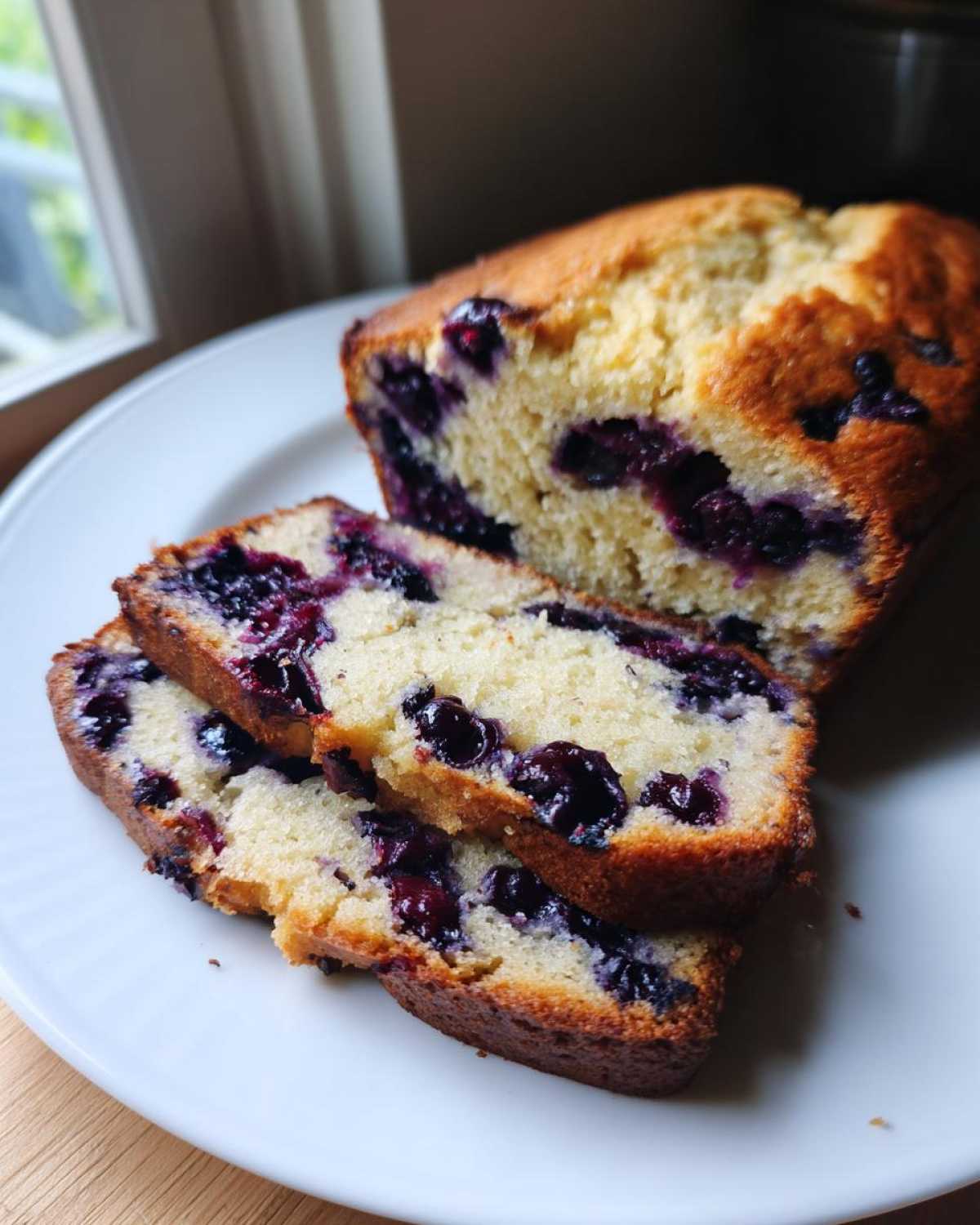 Close-up of moist blueberry bread, with the loaf partially sliced, showing rich purple blueberries throughout the crumb.