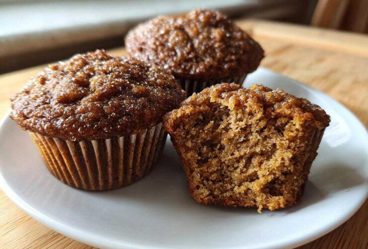 Three freshly baked, dark brown bran muffins on a white plate, one broken open to show the texture.