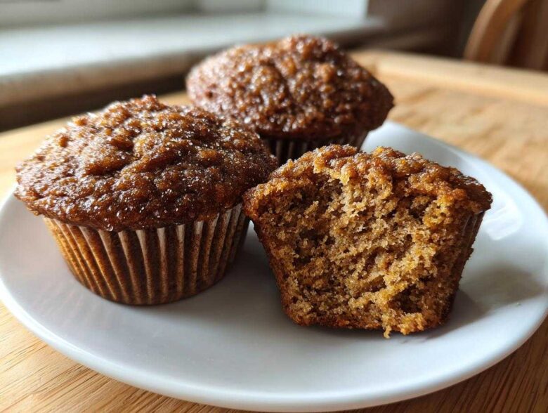 Three freshly baked, dark brown bran muffins on a white plate, one broken open to show the texture.
