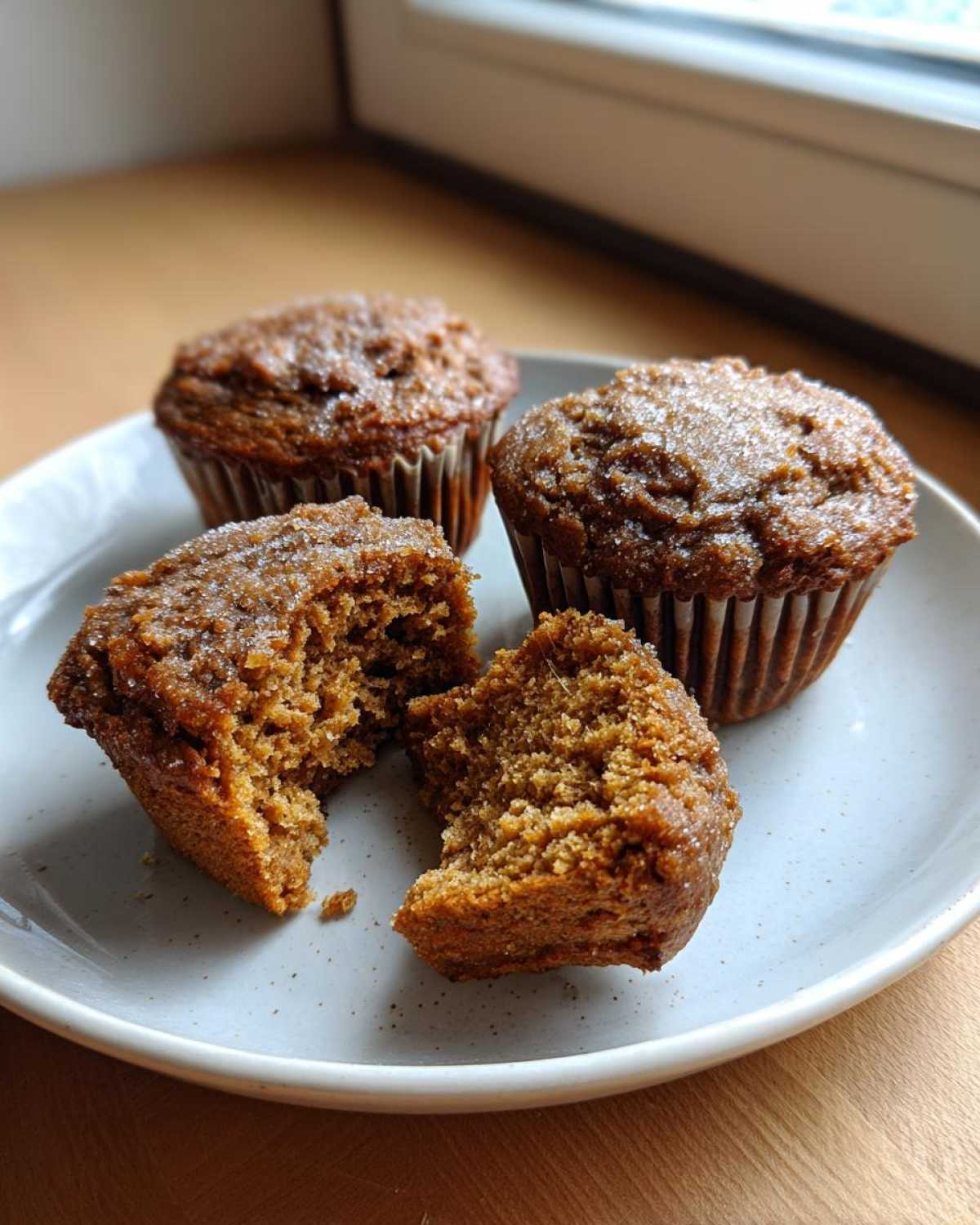 Four moist bran muffins on a speckled plate, one broken open to show the texture.