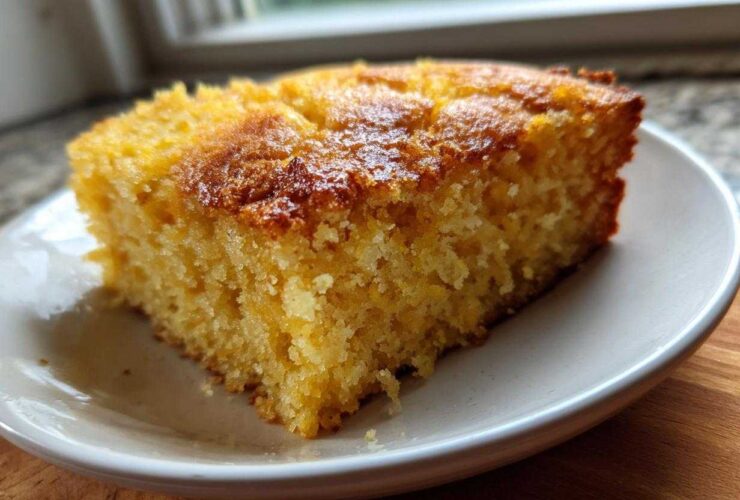 A close-up of a thick, moist slice of golden buttermilk cornbread resting on a small white plate.