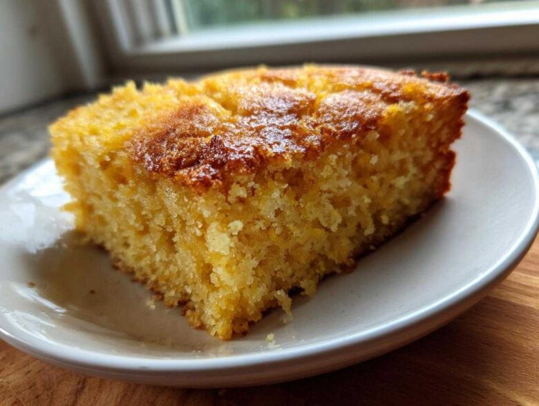 A close-up of a thick, moist slice of golden buttermilk cornbread resting on a small white plate.
