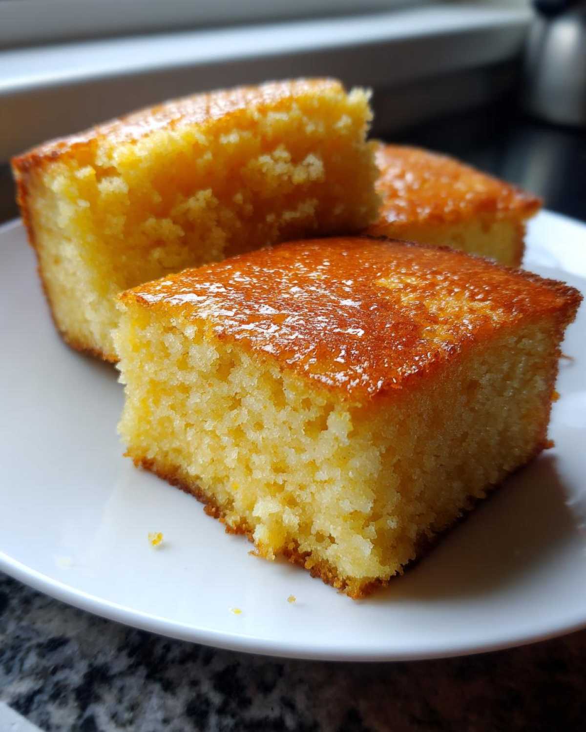 Close-up of three golden, moist slices of buttermilk cornbread served on a white plate.