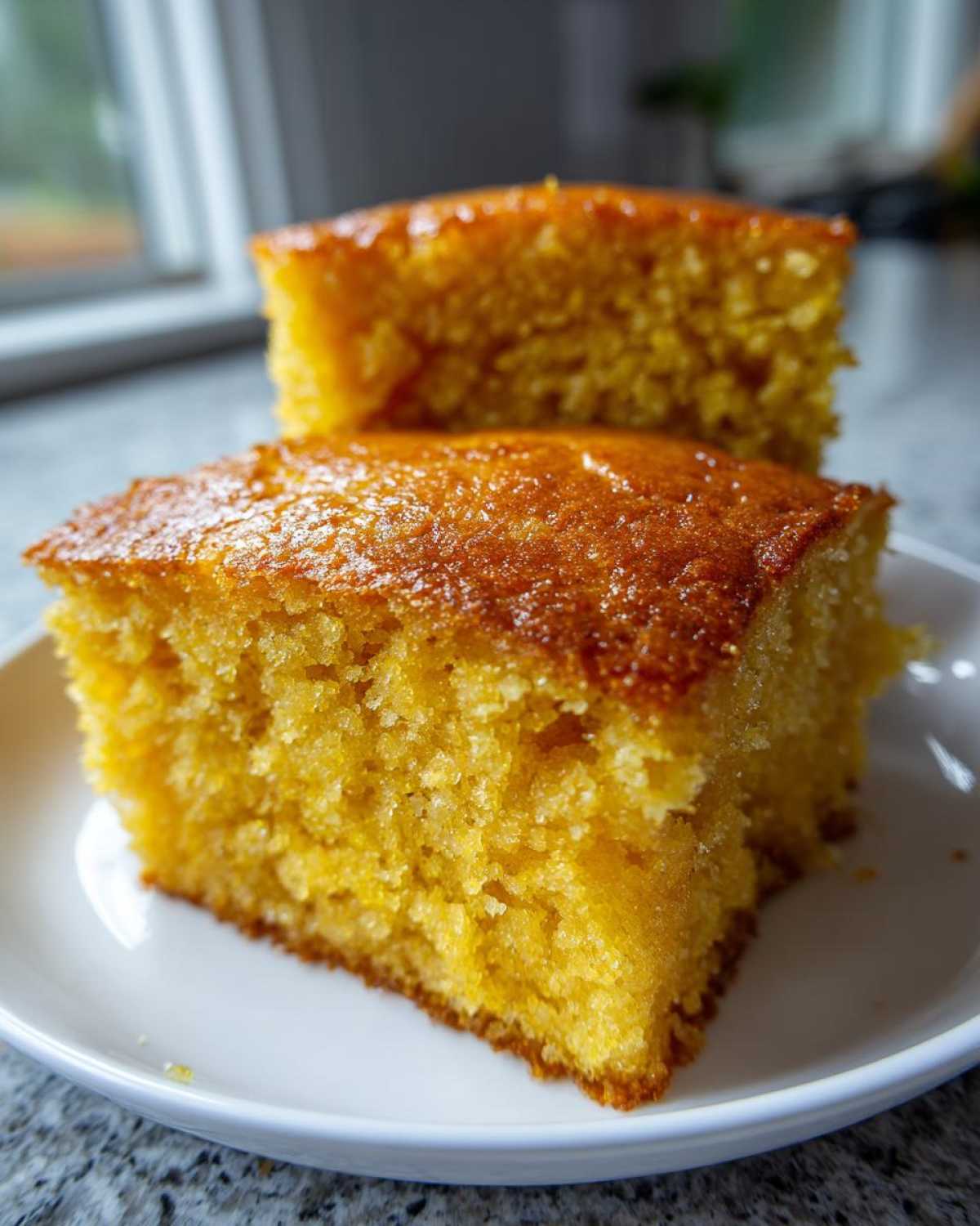 Two golden slices of moist buttermilk cornbread stacked on a white plate.