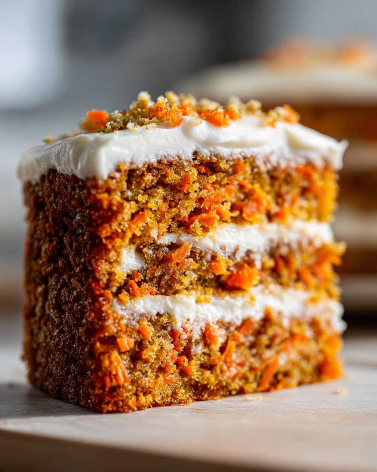 Close-up of a thick slice of layered carrot cake recipe, showing visible shredded carrots, cream cheese frosting, and nut topping.