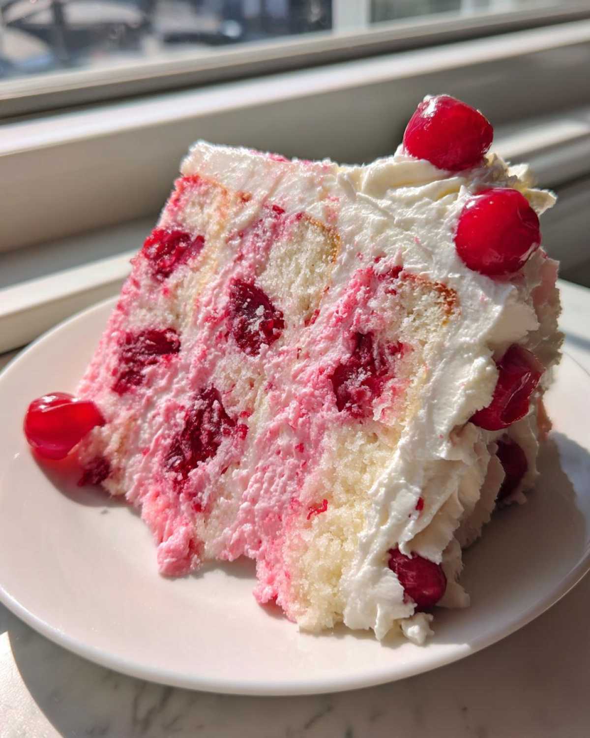 A tall slice of moist 3-layer cherry cake with white frosting and bright red cherries on top.