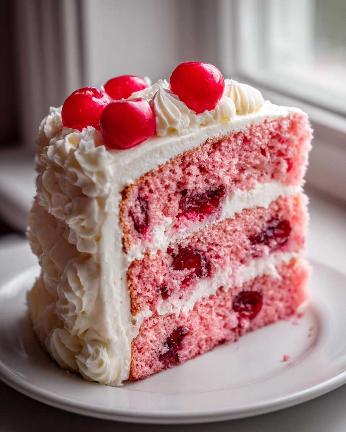 A tall, moist slice of 3-layer pink cherry cake filled with cherries and covered in white cream frosting, topped with maraschino cherries.