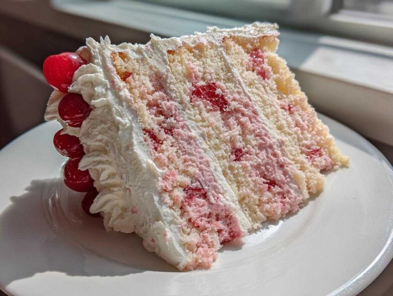 A tall, moist slice of 3-layer cherry cake featuring white cake, pink cherry filling, and whipped cream frosting, garnished with maraschino cherries.