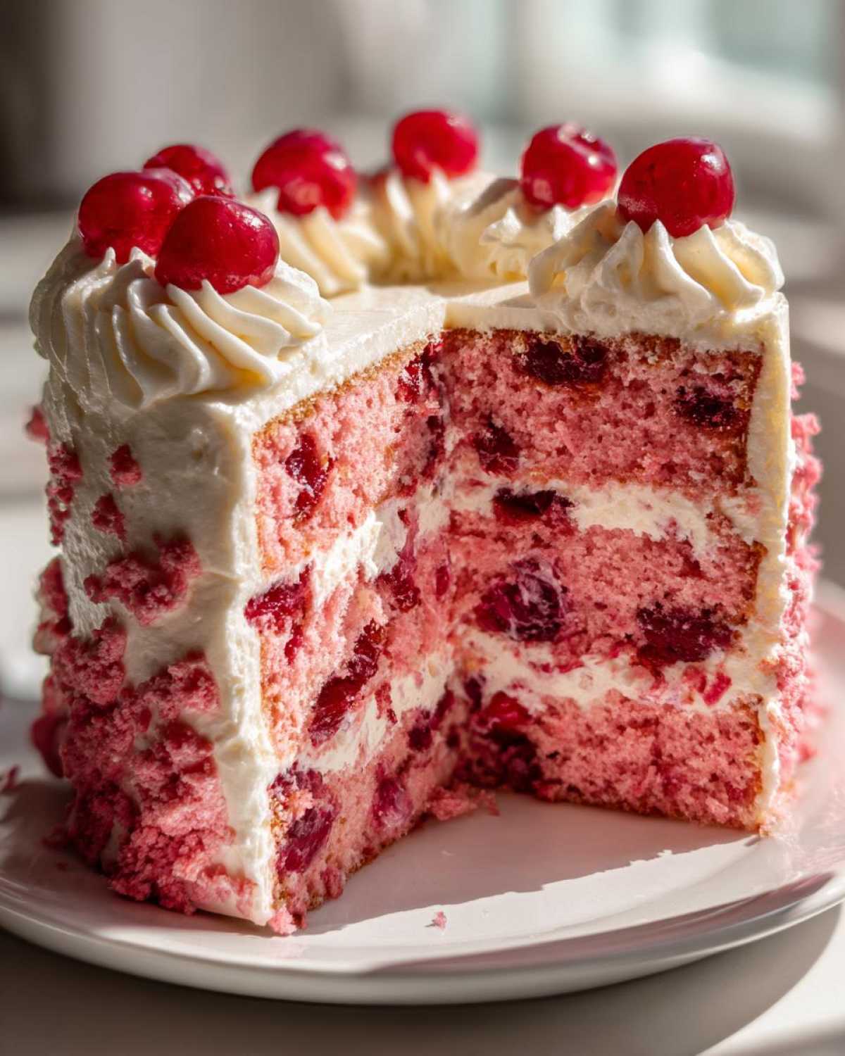 Cross-section view of a moist 3-layer cherry cake showing pink sponge, cherries, white frosting, and topped with candied cherries.