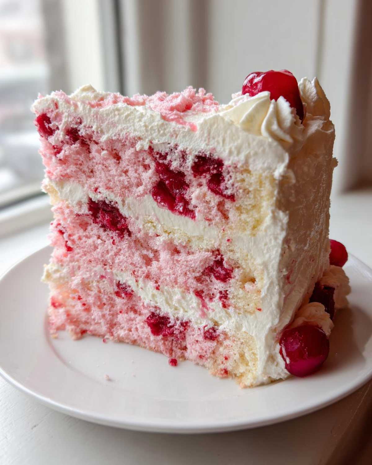 A tall slice of moist 3-layer cherry cake featuring pink and white sponge layers filled with cherries and covered in white whipped cream frosting.