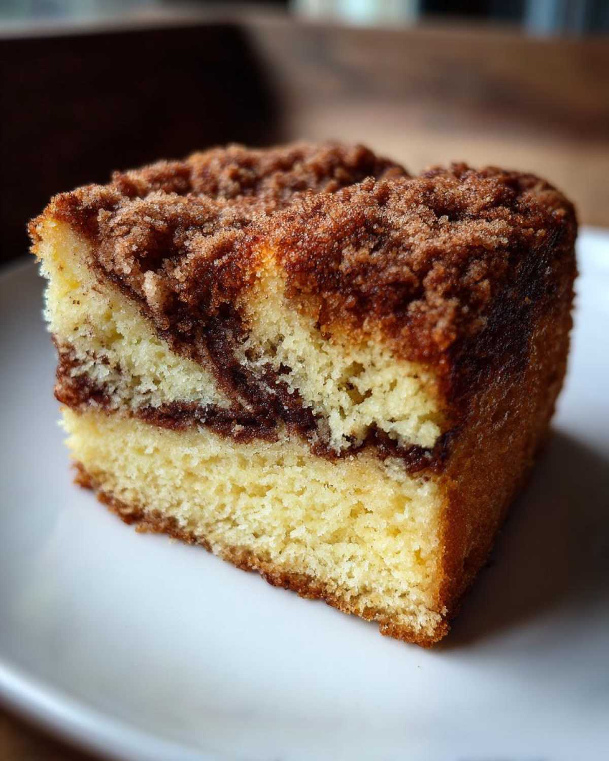 Close-up of a moist slice of coffee cake featuring a cinnamon swirl and crumb topping on a white plate.