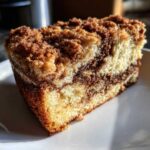 Close-up of a moist slice of coffee cake showing a rich cinnamon swirl and crumb topping.