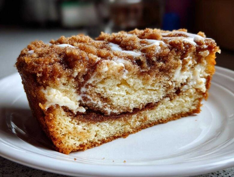 Close-up of a moist slice of coffee cake featuring layers of cake, cream cheese filling, and a thick cinnamon streusel topping.
