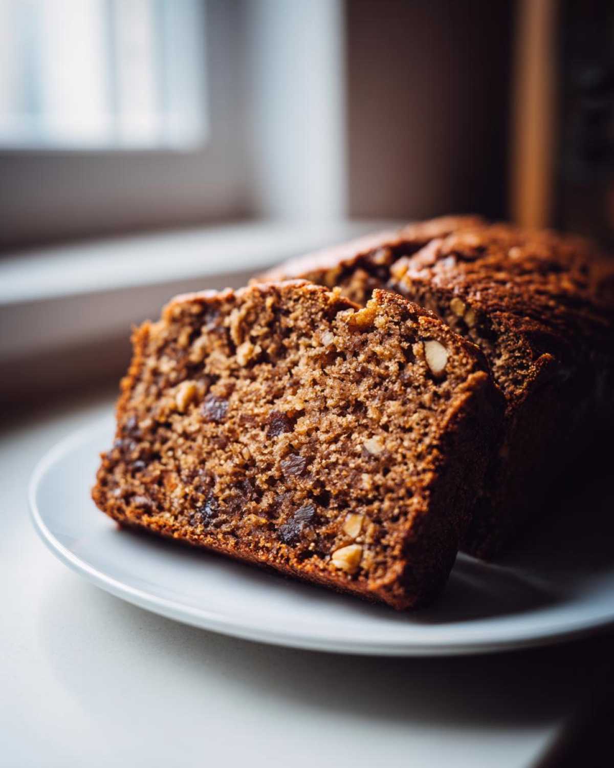 Close-up of a thick slice of moist date nut bread showing visible nuts and dates, served on a white plate.
