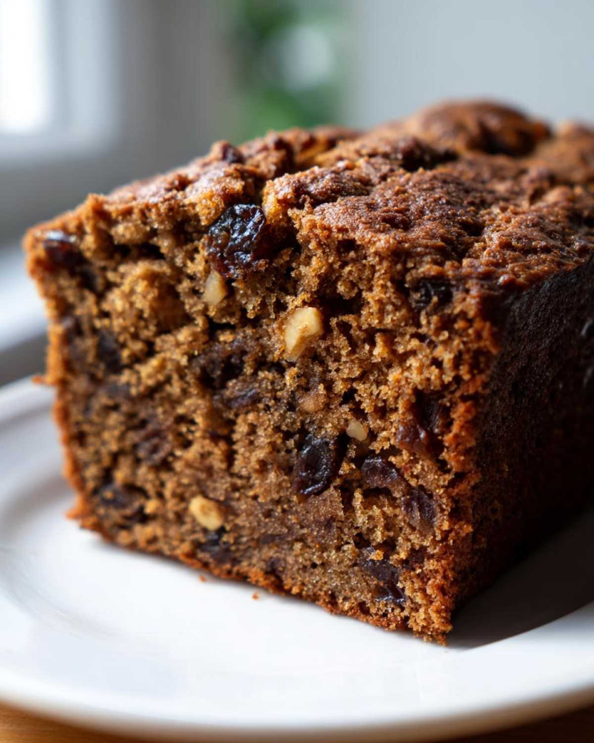 Close-up of a moist slice of homemade date nut bread showing visible dates and walnuts baked inside.