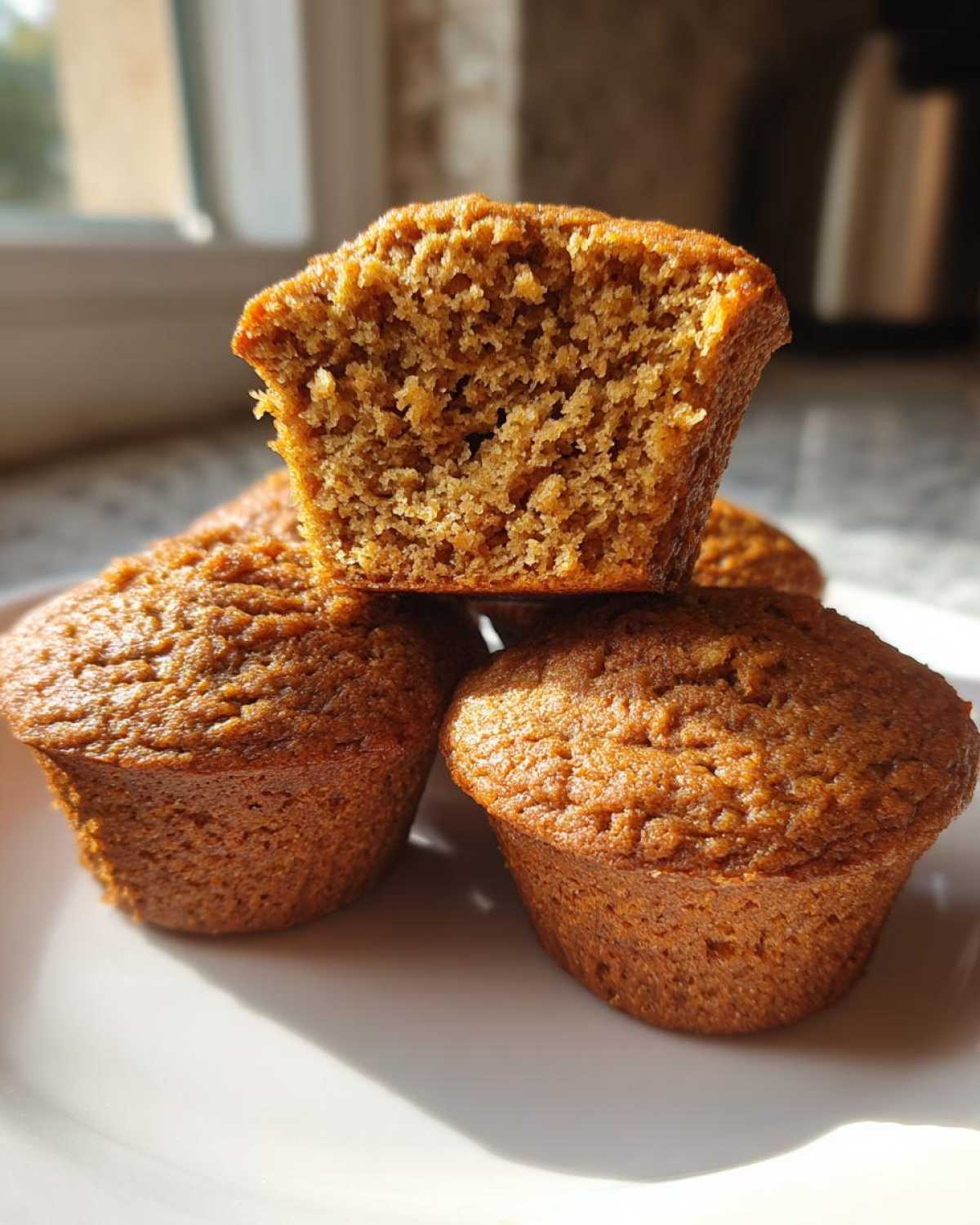 Close-up of stacked honey bran muffins, showing the moist, textured crumb of the top muffin cut in half.