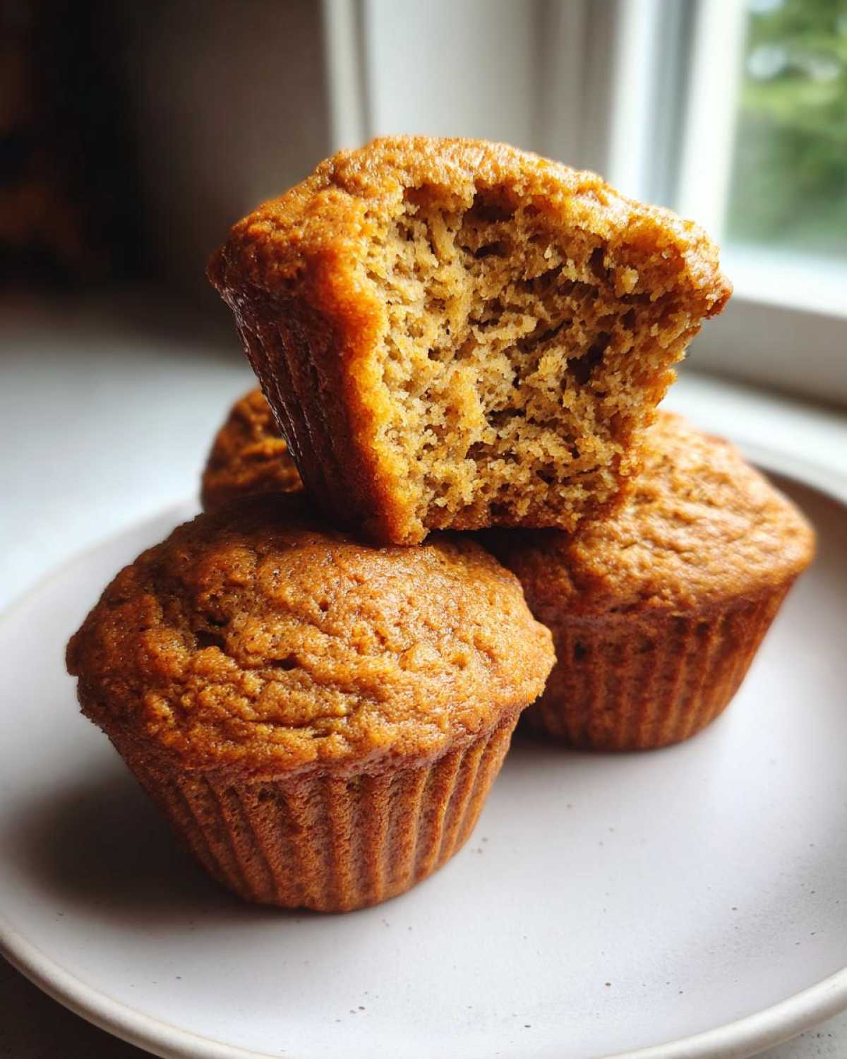 Close-up of three moist honey bran muffins stacked on a plate, one broken open showing the texture.