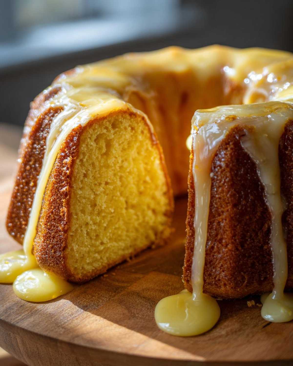 Close-up of a moist lemon pound cake with a slice cut out, generously drizzled with a thick, dripping lemon glaze.