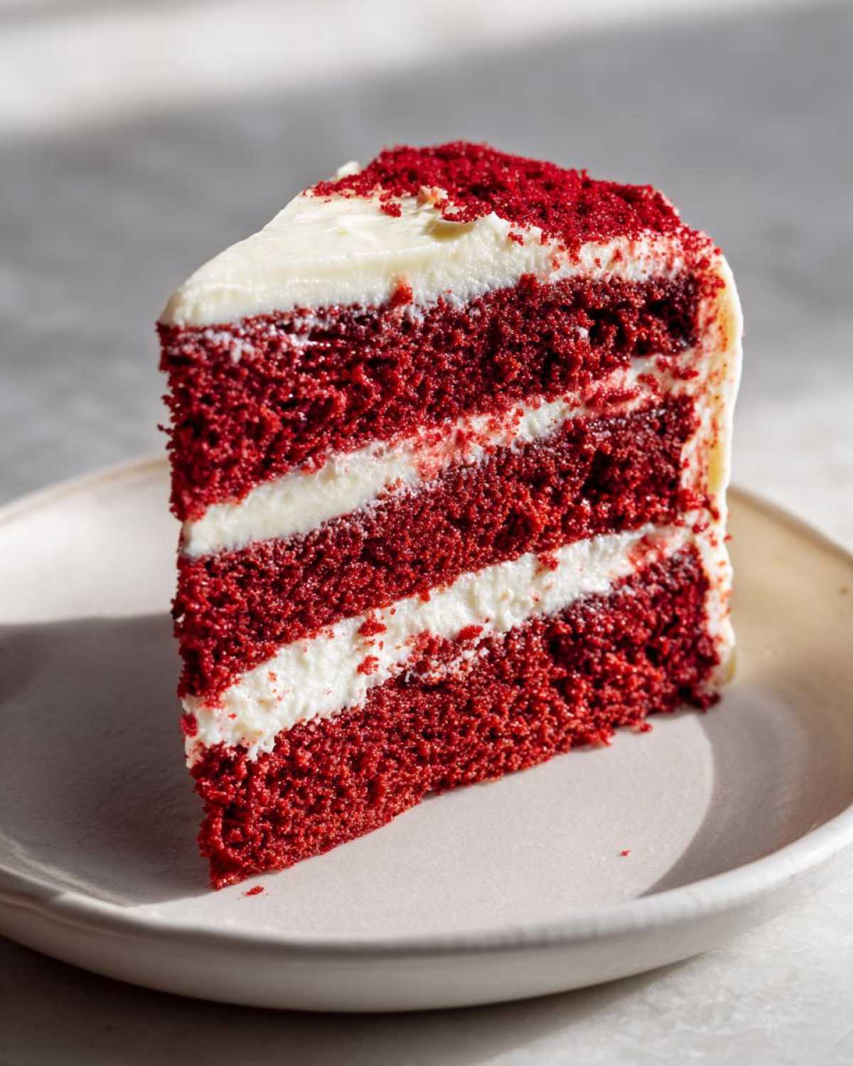 A tall, moist slice of red velvet cake showing three layers of deep red cake separated by white cream cheese frosting.