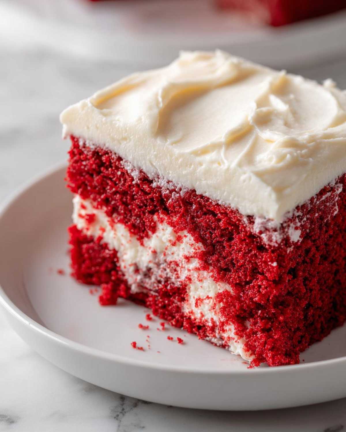 Close-up of a moist slice of red velvet poke cake topped with thick cream cheese frosting on a white plate.