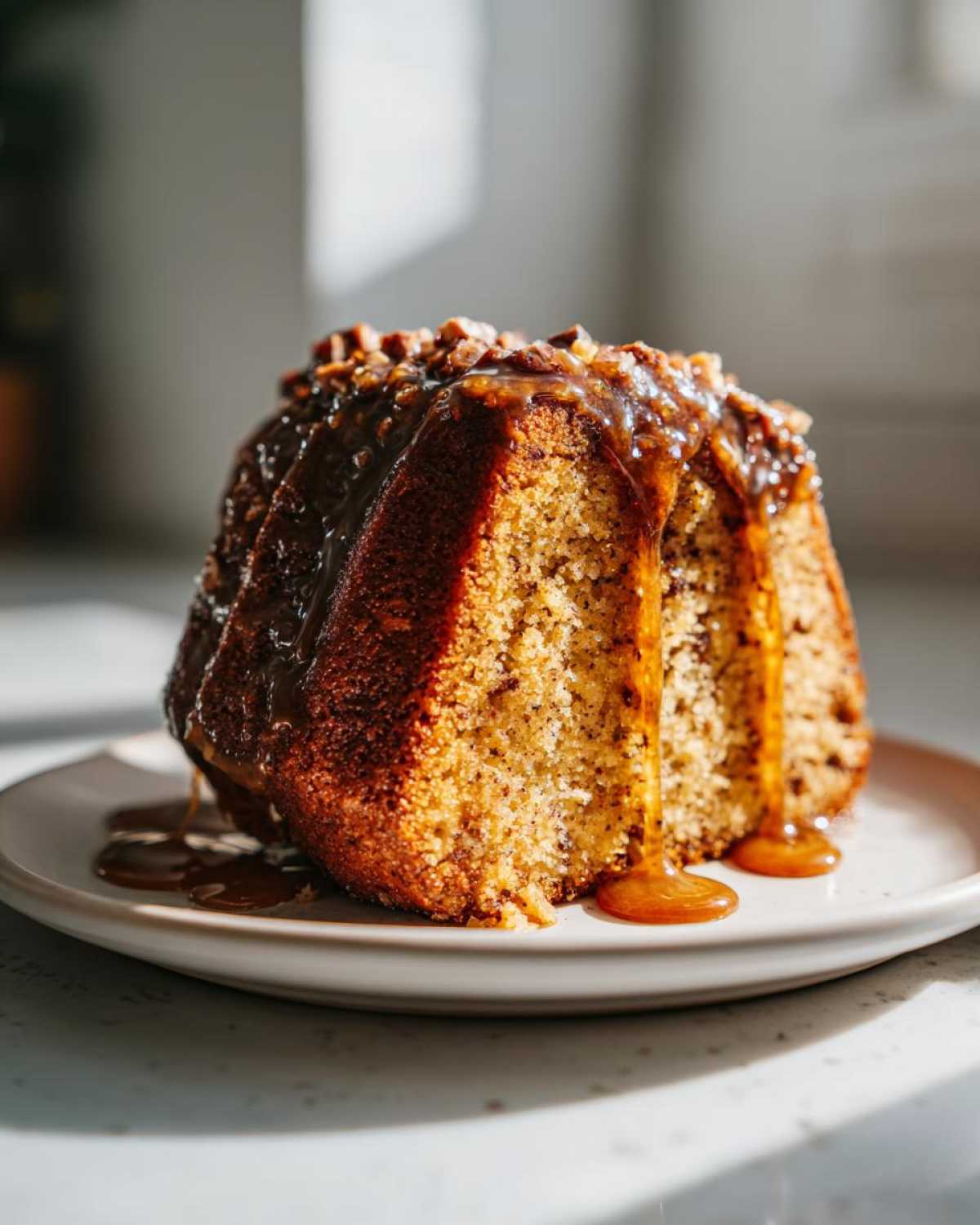 A slice of moist rum cake recipe drizzled with thick caramel sauce and topped with pecans.