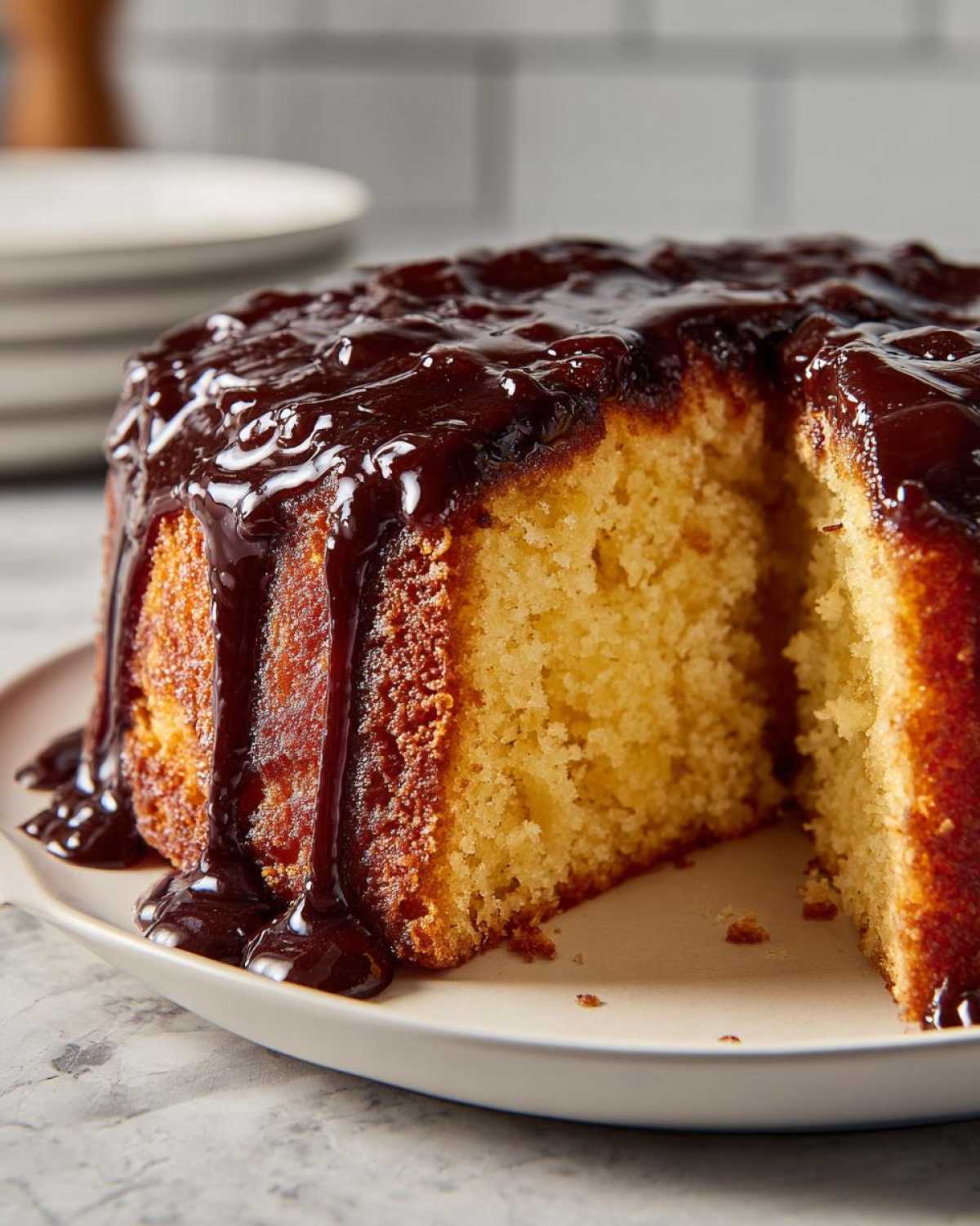 Close-up of a moist rum cake recipe with a thick, dark chocolate glaze dripping down the sides.