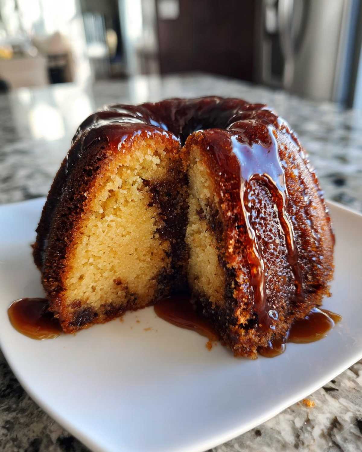 A moist rum cake recipe, cut in half, showing the interior texture and drizzled with a thick, dark rum glaze.