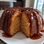 A bundt-style rum cake recipe cut in half, showing its moist interior and dripping with a thick, glossy caramel glaze.