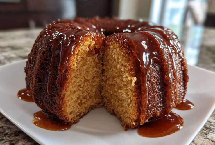 A bundt-style rum cake recipe cut in half, showing its moist interior and dripping with a thick, glossy caramel glaze.