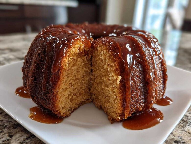 A bundt-style rum cake recipe cut in half, showing its moist interior and dripping with a thick, glossy caramel glaze.