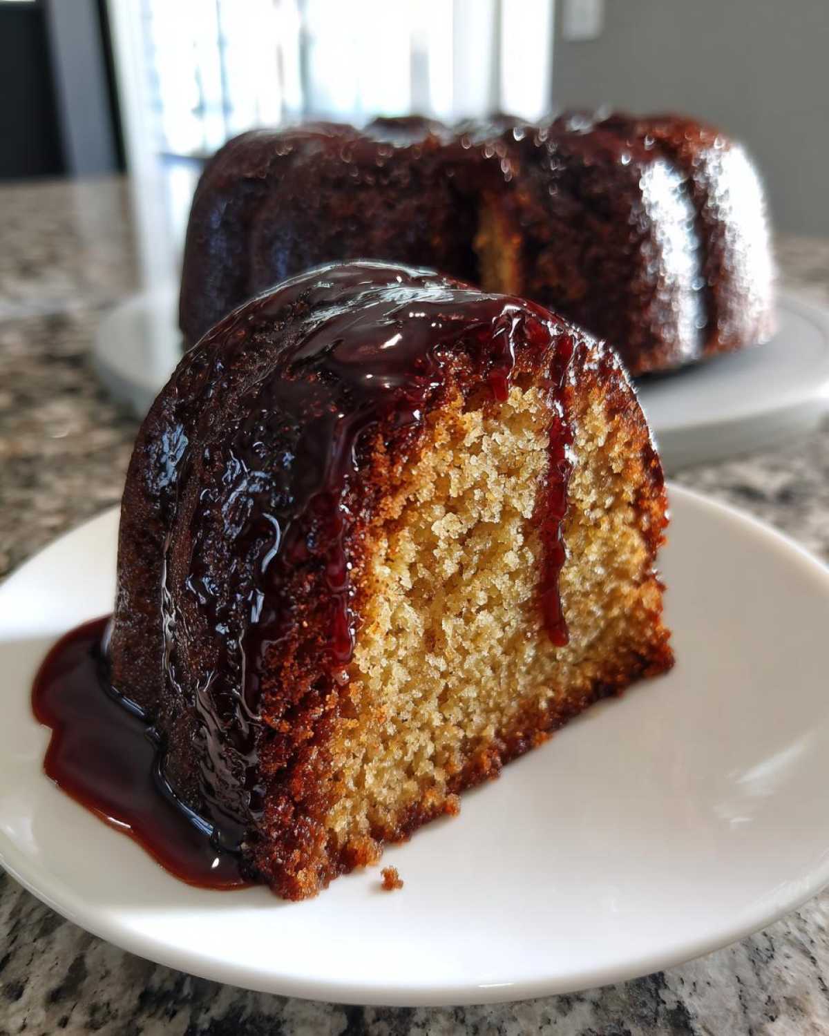 A moist slice of rum cake recipe covered in dark, dripping glaze, with the rest of the bundt cake blurred in the background.