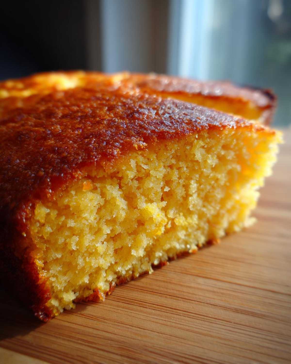 A close-up, macro shot of a golden yellow slice of moist skillet cornbread with a dark, caramelized crust.