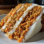 Close-up of a thick slice of moist carrot cake recipe layered with rich cream cheese frosting.