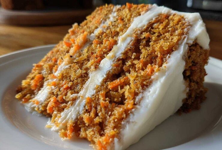 Close-up of a thick slice of moist carrot cake recipe layered with rich cream cheese frosting.