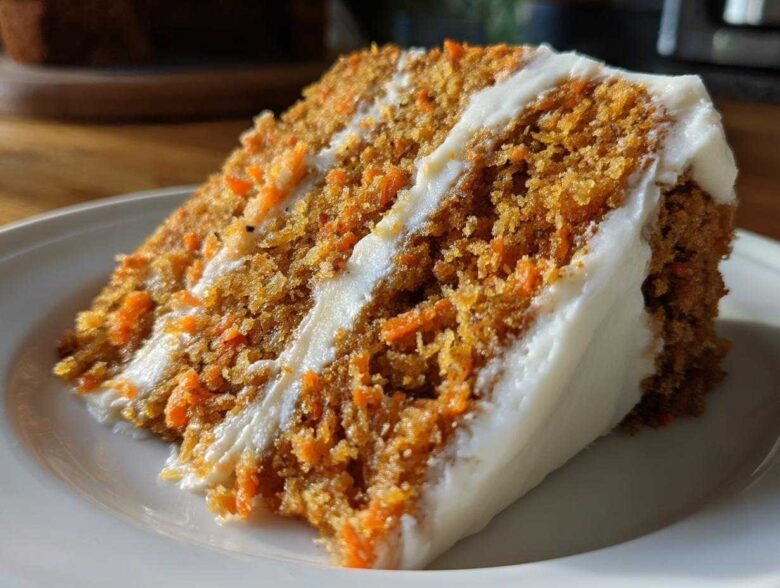 Close-up of a thick slice of moist carrot cake recipe layered with rich cream cheese frosting.