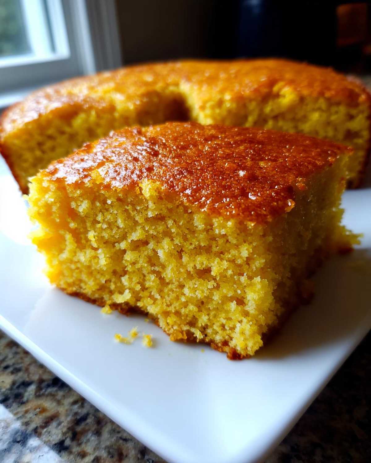 A close-up of a moist, golden slice of sourdough cornbread resting on a white plate, with the rest of the ring-shaped bread blurred in the background.
