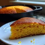 A thick slice of moist sourdough cornbread with a golden crust sits on a white plate, with the rest of the cornbread in a cast iron skillet behind it.