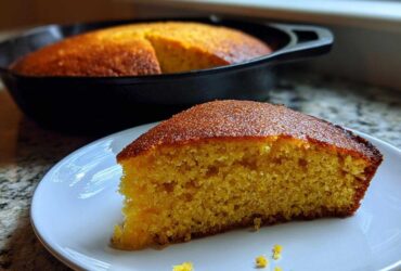 A thick slice of moist sourdough cornbread with a golden crust sits on a white plate, with the rest of the cornbread in a cast iron skillet behind it.