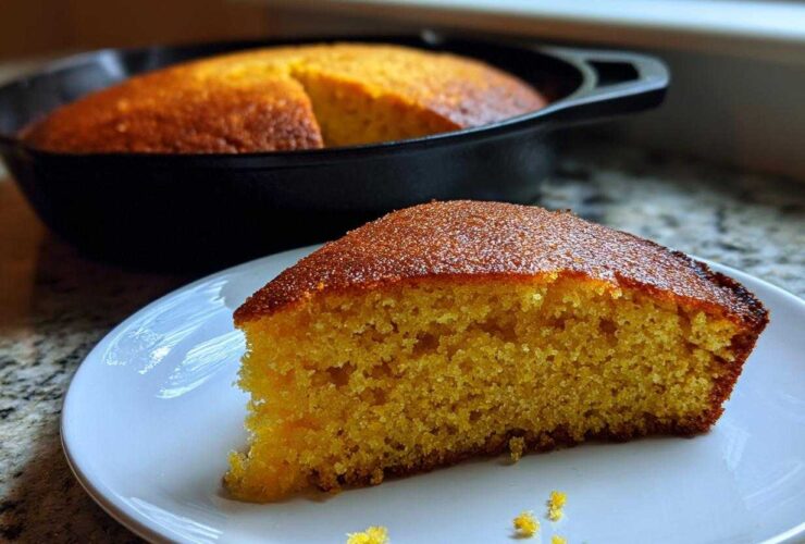 A thick slice of moist sourdough cornbread with a golden crust sits on a white plate, with the rest of the cornbread in a cast iron skillet behind it.