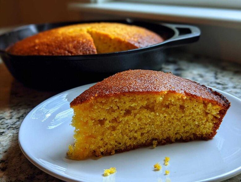 A thick slice of moist sourdough cornbread with a golden crust sits on a white plate, with the rest of the cornbread in a cast iron skillet behind it.