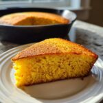 A close-up of a golden slice of moist sourdough cornbread resting on a white plate, with the rest of the cornbread in a cast iron skillet in the background.