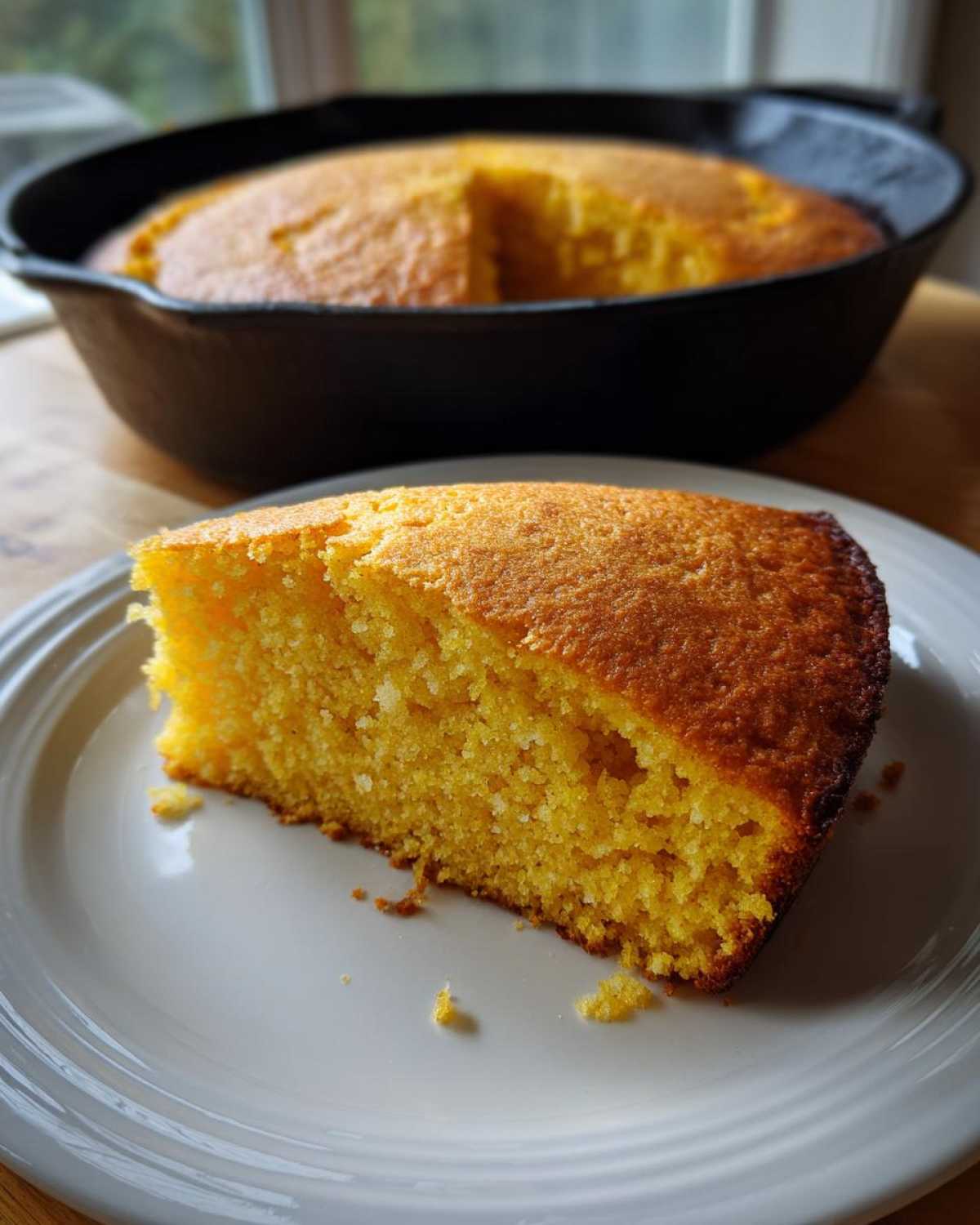 A moist slice of golden sourdough cornbread resting on a white plate, with the rest of the cornbread in a cast iron skillet behind it.