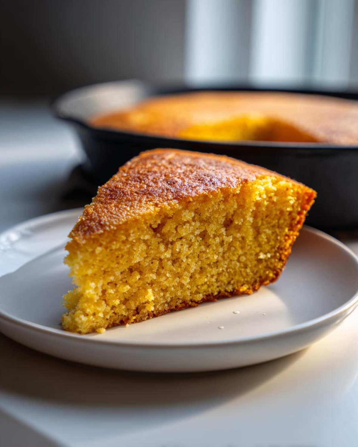 A close-up of a golden slice of moist sourdough cornbread served on a white plate, with the rest of the cornbread in a cast iron skillet blurred in the background.