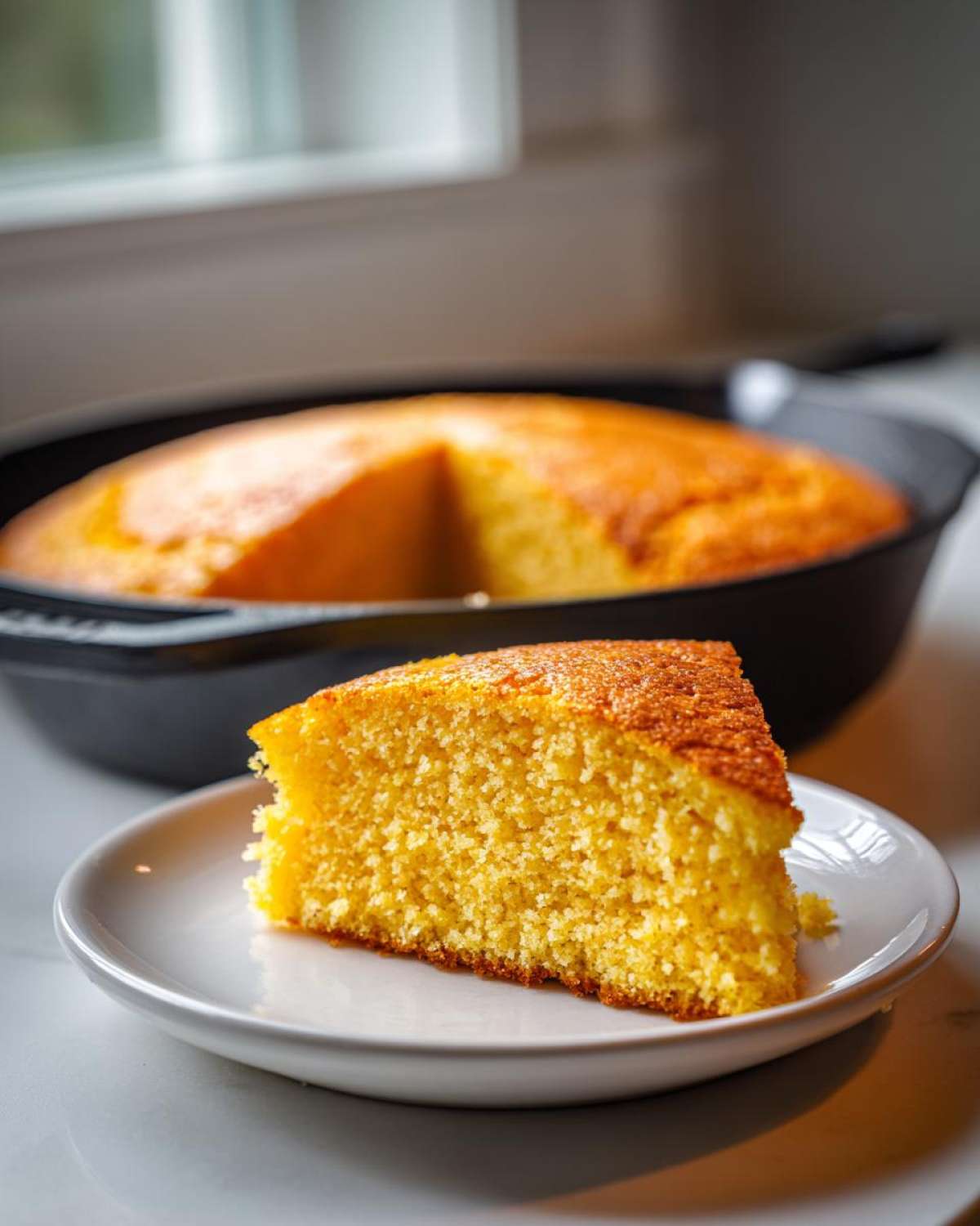 A close-up of a thick, moist slice of golden sourdough cornbread served on a white plate, with the rest of the cornbread visible in a cast iron skillet behind it.