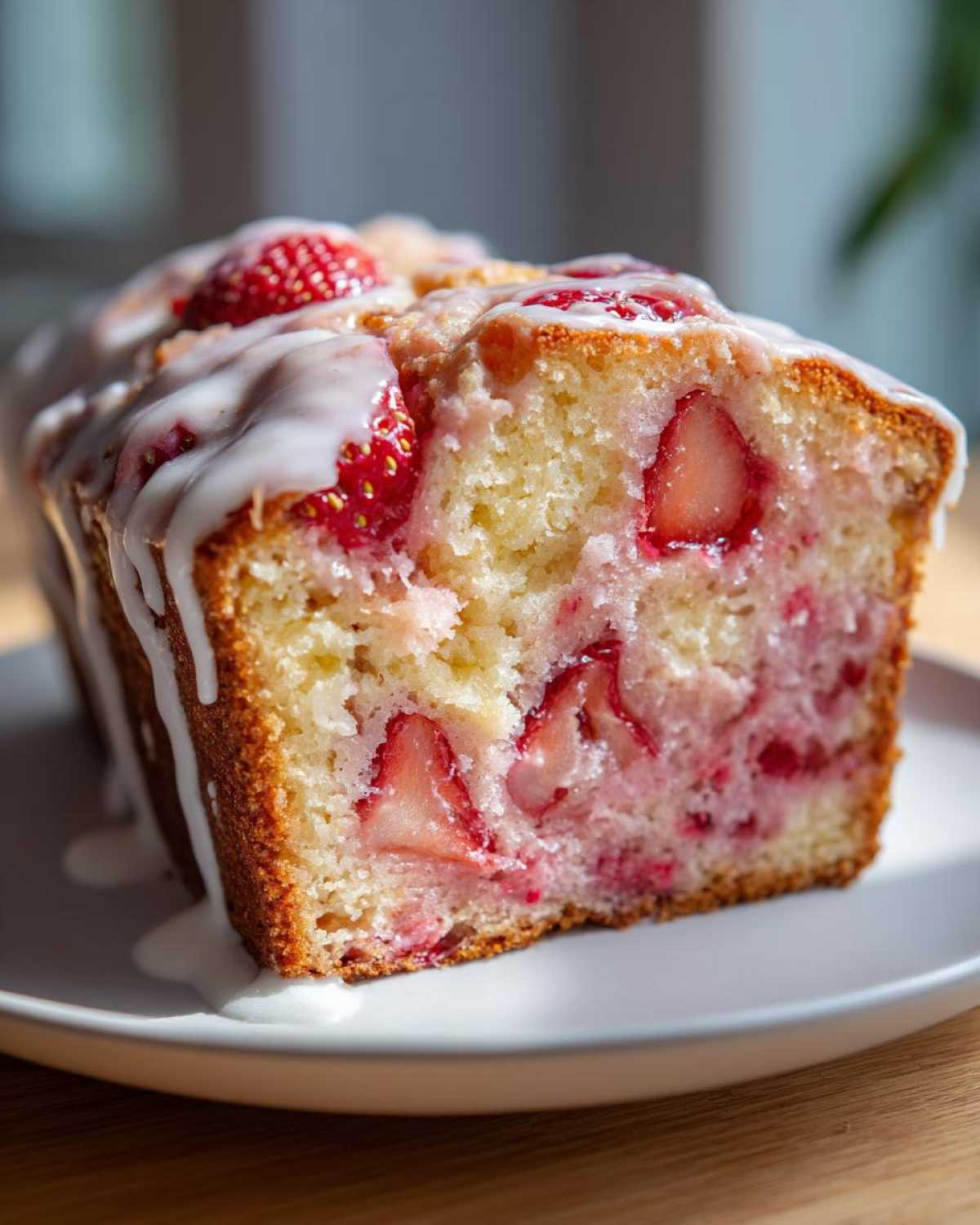 Close-up of a slice of moist strawberry bread, studded with fresh strawberries and drizzled with white vanilla glaze.