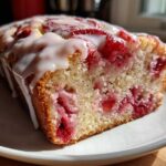 A close-up of a slice of moist strawberry bread topped with a sweet white glaze, showing bright red fruit throughout the crumb.